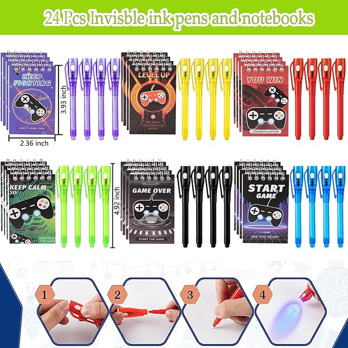 120 Pcs Video Game Party Favors Party Supplies Invisible Ink Pens Notebook Silicone Bracelet Gift Paper Bag Video Game Controller Keychain Birthday Supplies for Kids Gamer Party Favors