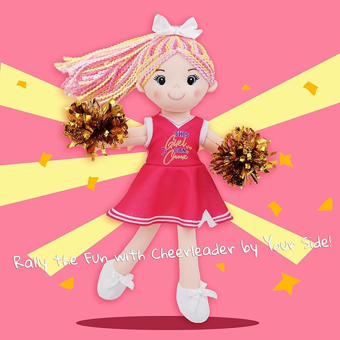 June Garden 14" Snuggle Cuties Cheerleader Sophie - Soft Cuddly Plush Doll Gift for Girls - Huggable Rag Doll - Pink M