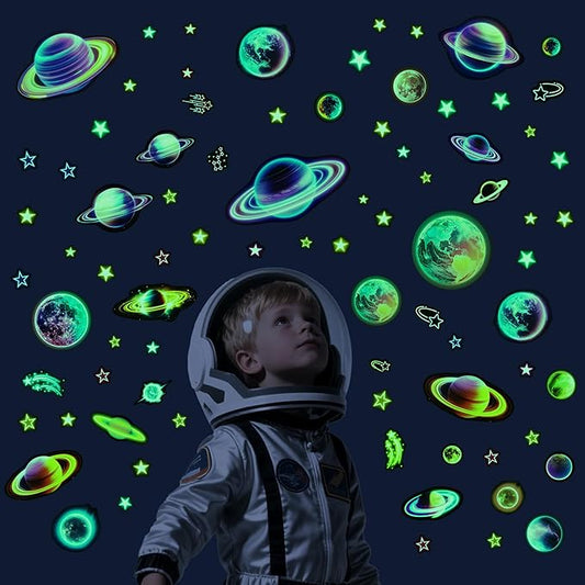 Glow in The Dark Neon Stars and Planets Wall Decals, Fantasy Colorful Space Stars Wall Stickers, Kids Room Space Decor, Ceiling Windows Nursery Living Room Playroom Bedroom Decorations