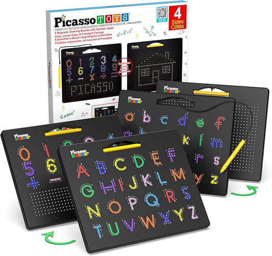 PicassoTiles 2PK 4-in-1 Magnetic Drawing Board 12x10 inch Large Magnet Tablet Pad with 4 Facings Lowercase & Uppercase Alphabets, Numbers, & Freestyle STEM Learning Writing Reading Playboard PTB06