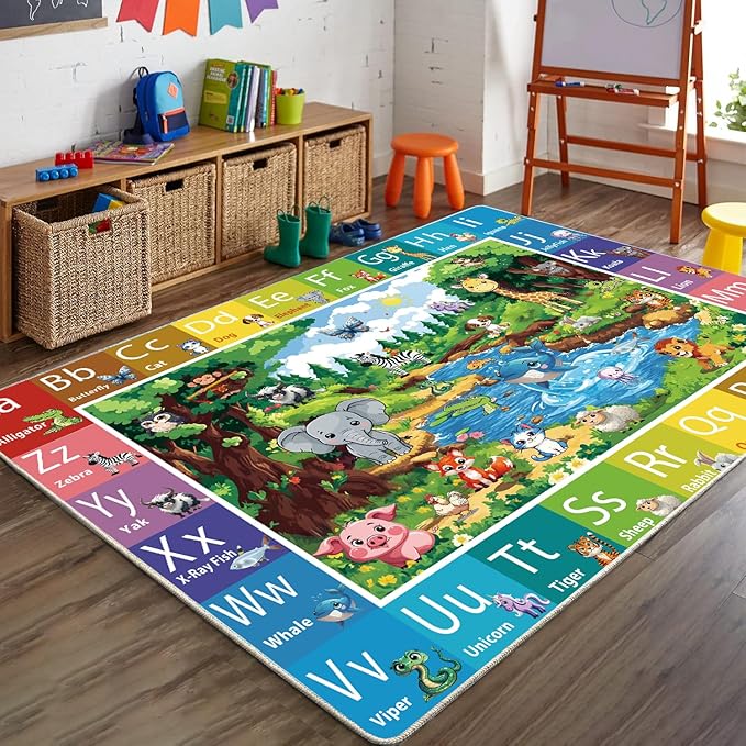 ABC Rug for Kids Room, ABC Baby Mats for Floor Toddlers, Alphabet Play Mat Elementary Preschool Kid's Rugs with Animal Illustrations - (59X39.4 Inches)