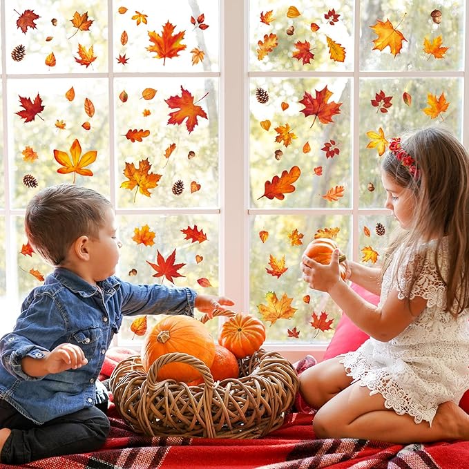 Whaline 9 Sheet Fall Window Clings Watercolor Orange-Brown Maple Leaves Pine Cone Acorn Double-Sided Reusable Windows Decals for Autumn Thanksgiving Halloween Home Windows Glass Holiday Decor