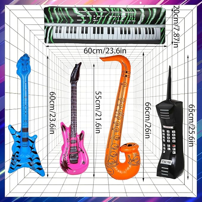 10pcs Inflatable Instruments Party Props Rock Star Toy Set Inflatable Saxophone Bass Rock Microphone Rock Electric Guitar Recorder Suitable for Various Music Parties(Retro Style)