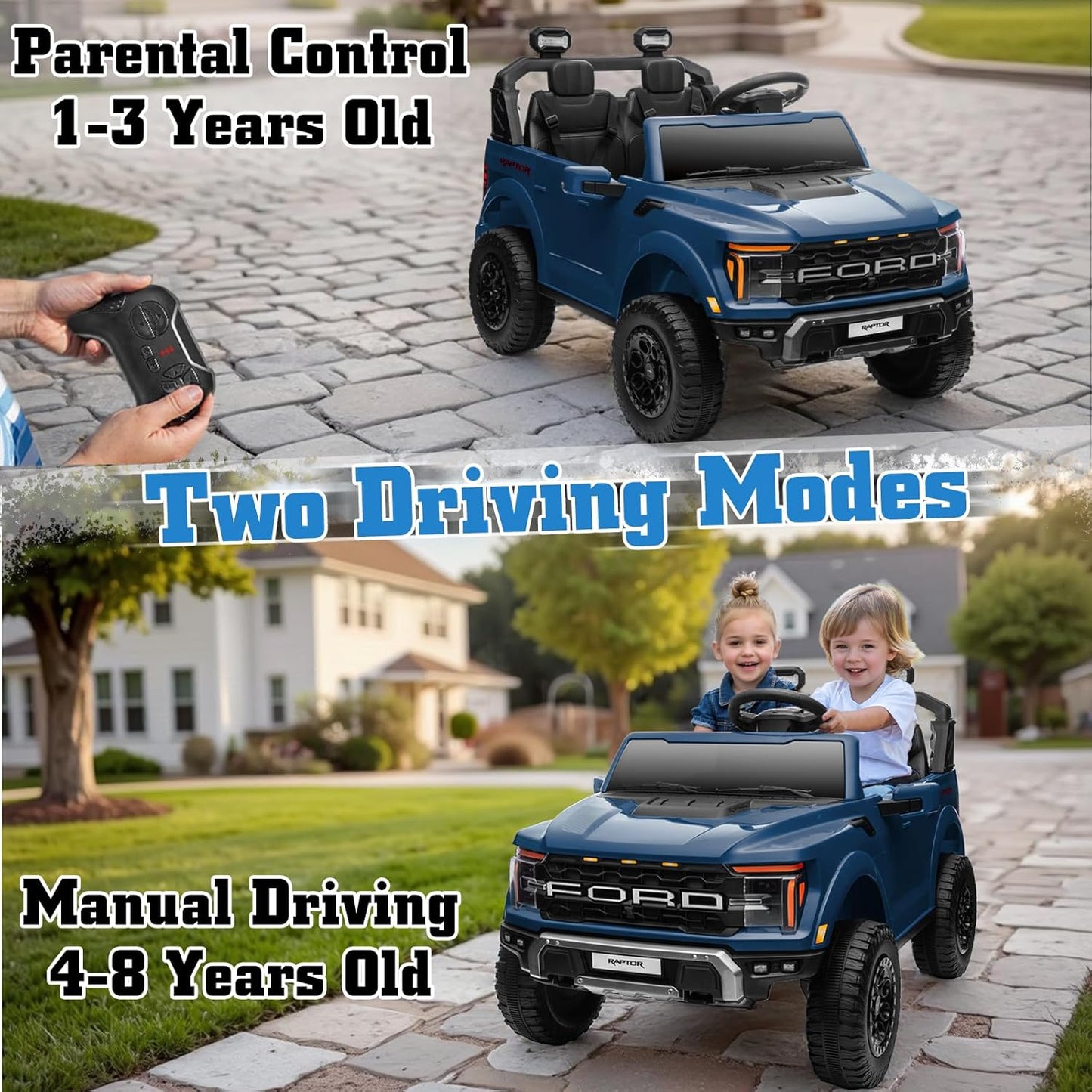 24V Ride on Car Licensed Ford F-150 Raptor, Kids Electric Car with Remote Control, LED Light/Music/MP3, Truck Bed Storage, 3-Point Seat Belt (24V, Blue)