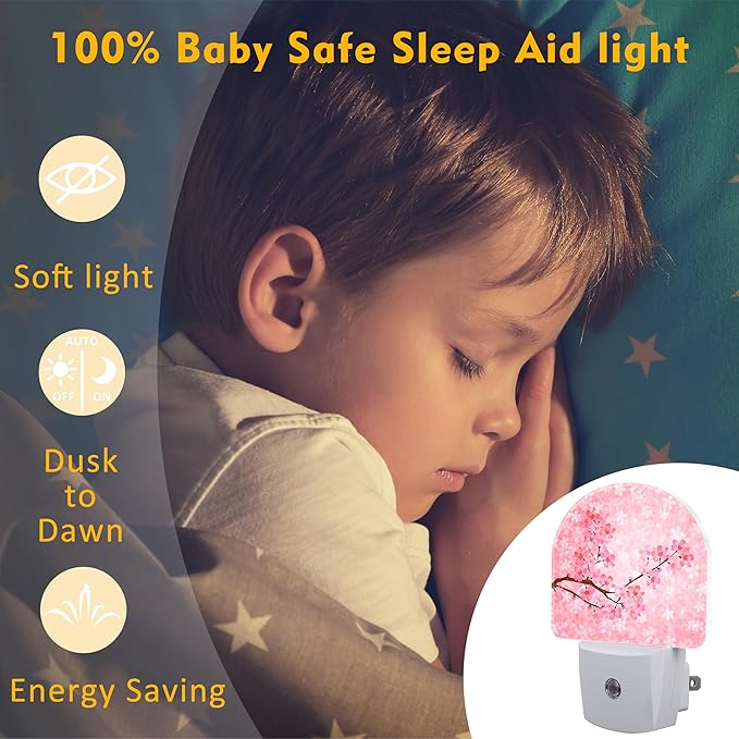 Pink Cherry Blossoms Night Light Plug into Wall, Blooming Cherry Tree Dusk to Dawn Night Light Plug in,0.5w Energy Saving Sleep Friendly NightLight for Kids Boys Girls Home Decor