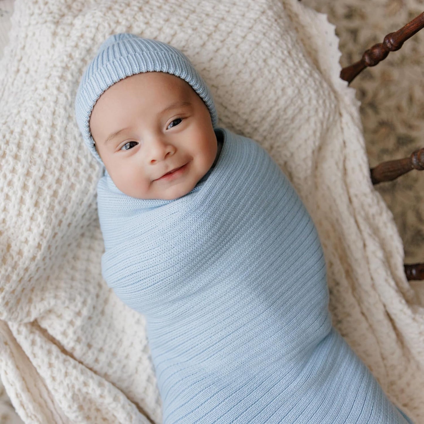 Organic Ribbed Swaddle Blanket for Boys & Girls - 100% Luxury Organic Soft Cotton Knit Warm Cozy Cuddle Stroller Crib Blanket for Newborns, Infants, & Toddlers (Denim Blue)