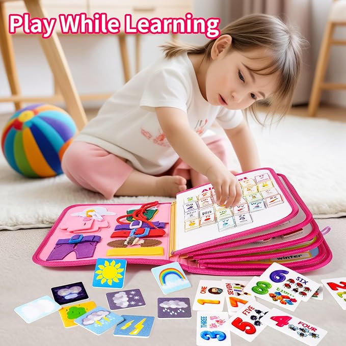 12-Page Toddler Busy Board Montessori Toys, Busy Book for Toddlers, Girl Birthday Gift,Toddler, 24 in 1 Activity Sensory Toys for Motor Skills, Travel Toy for Car Airplane (Pink)