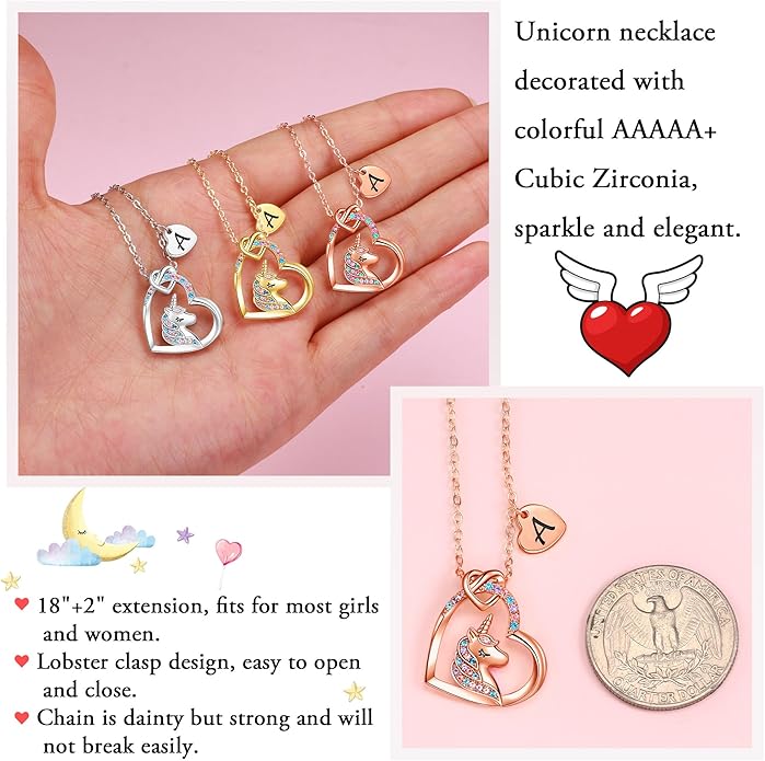 Hidepoo Unicorn Necklace Gifts for Girls - Colorful CZ Heart Pendant Initial Unicorns Necklaces for Teens Little Girls Jewelry Birthday Gift for Girl Daughter Granddaughter Niece