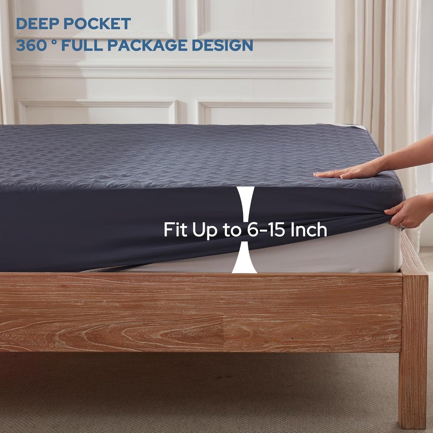 2 Pack Waterproof Mattress Protector, Full Size Mattress Pad with Deep Pocket 6"-15" Depth, Soft Breathable Dirt-Proof Single Bed Mattress Cover for Bedroom, Dorm Room (Navy Blue)