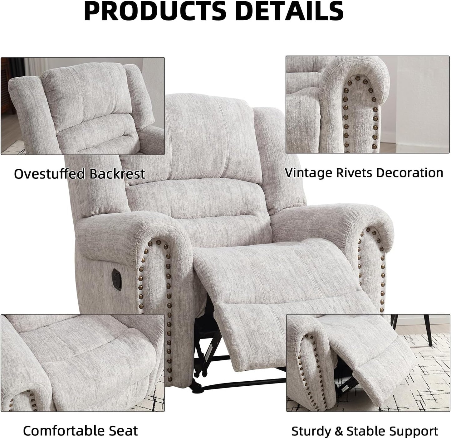 CANMOV Manual Recliner Chair Set of 2, Classic and Traditional Manual Recliner Chair with Comfortable Arms and Back Single Sofa for Living Room, White Grey