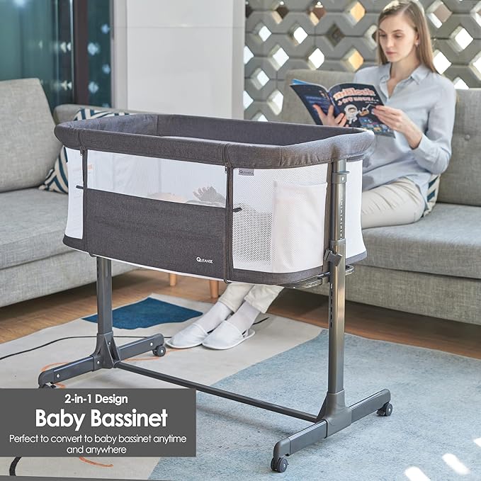 Baby Bassinet Bedside Sleeper with Wheels,Easy Folding Lightweight Crib for Baby/Infants,Breathable Mesh and Adjustable Height - Grey