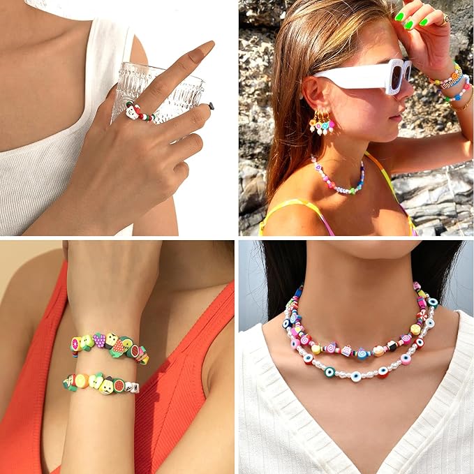 1060pcs Polymer Clay Beads Charms Kits 28 Styles Cute Fun Clay Beads Charms Flower Butterfly Heart Letter Pony Beads Charms for Women Girls Bracelet Necklace Earring Making