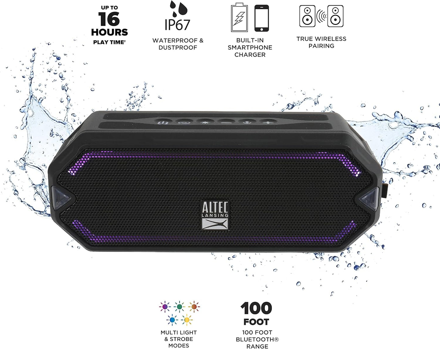 Altec Lansing - HydraJolt Wireless Bluetooth Speaker, Waterproof Portable Speakers with Built in Phone Charger and Lights, Everything Proof Outdoor, Shockproof, Snowproof, 16 Hours Playtime