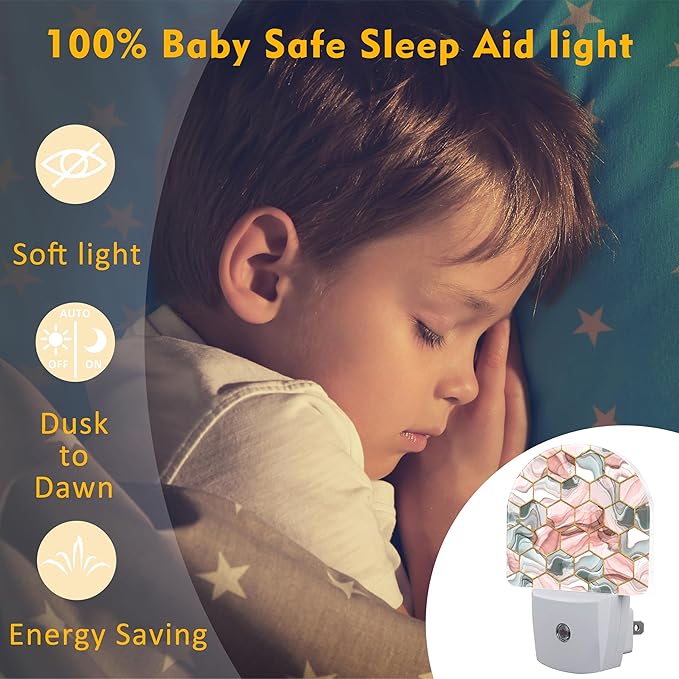 Red Gray Hexagon Marble Night Light Plug into Wall, Abstract Gold Liquid Marble Dusk to Dawn Night Light Plug in,0.5w Energy Saving Sleep Friendly NightLight for Kids Boys Girls Home Decor