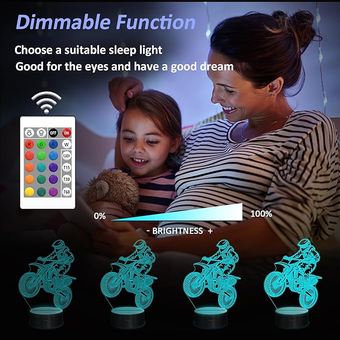 Dirt Bike Gifts for Boy, 3D Illusion Lamp, 3D Dirt Bike Night Light with 16 Colors Remote and Touch Control, Motor Bike Decor for Kids Room, Girls Birthday Gifts
