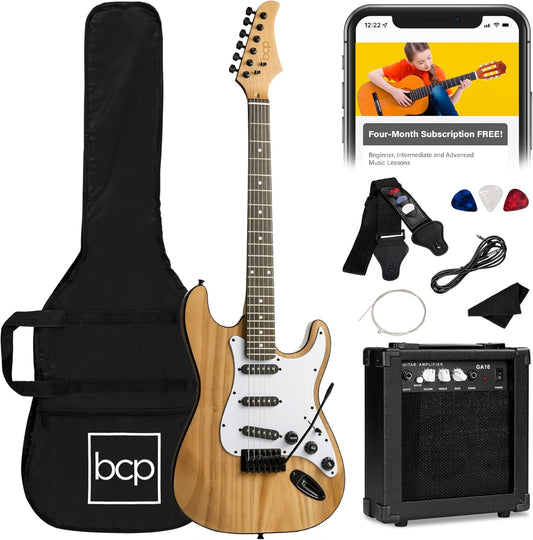 Best Choice Products 39in Full Size Beginner Electric Guitar Starter Kit w/Case, Strap, 10W Amp, Strings, Pick, Tremolo Bar - Natural