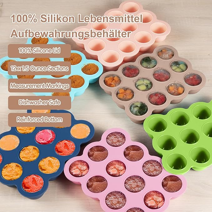 Baby Food Storage 12 x 1.5OZ Silicone Freezer Tray with Lid, Food Grade Silicone Containers for Purees & Vegetables Light Brown