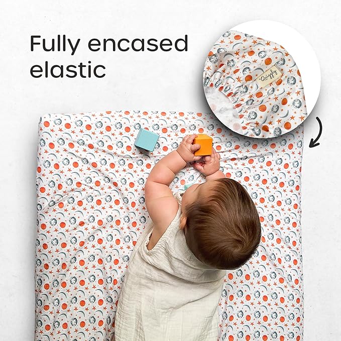 Quiggly Bassinet Sheets for Guava Lotus, 2 Pack Organic Cotton Jersey Knit, Vibrant Space Star & Planet Patterns - Fits Travel Crib Mattresses for Boys & Girls (Bassinet, Starry Slumber)