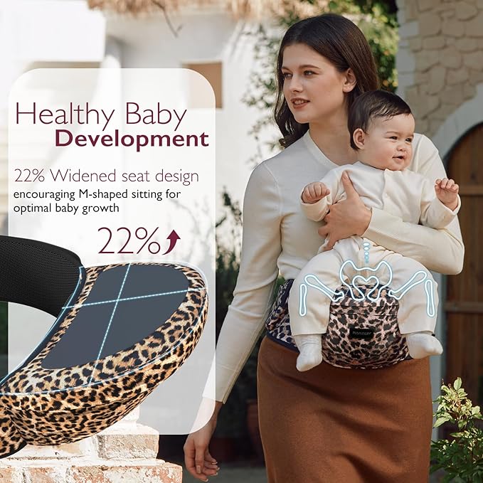 Momcozy Hip Seat Baby Carrier - Adjustable Waistband with Original 3D Belly Protector, Ergonomic Carrier with Various Pockets for Newborns & Toddlers up to 45lbs (Leopard, Medium)