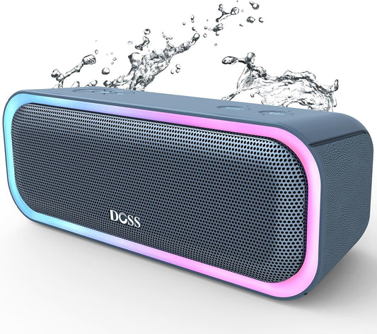 DOSS SoundBox Pro Bluetooth Speaker with 20W Stereo Sound, Active Extra Bass, IPX6 Waterproof, TWS Pairing, Multi-Colors Lights, 20H Playtime, Portable for Beach, Outdoor-Stone Blue