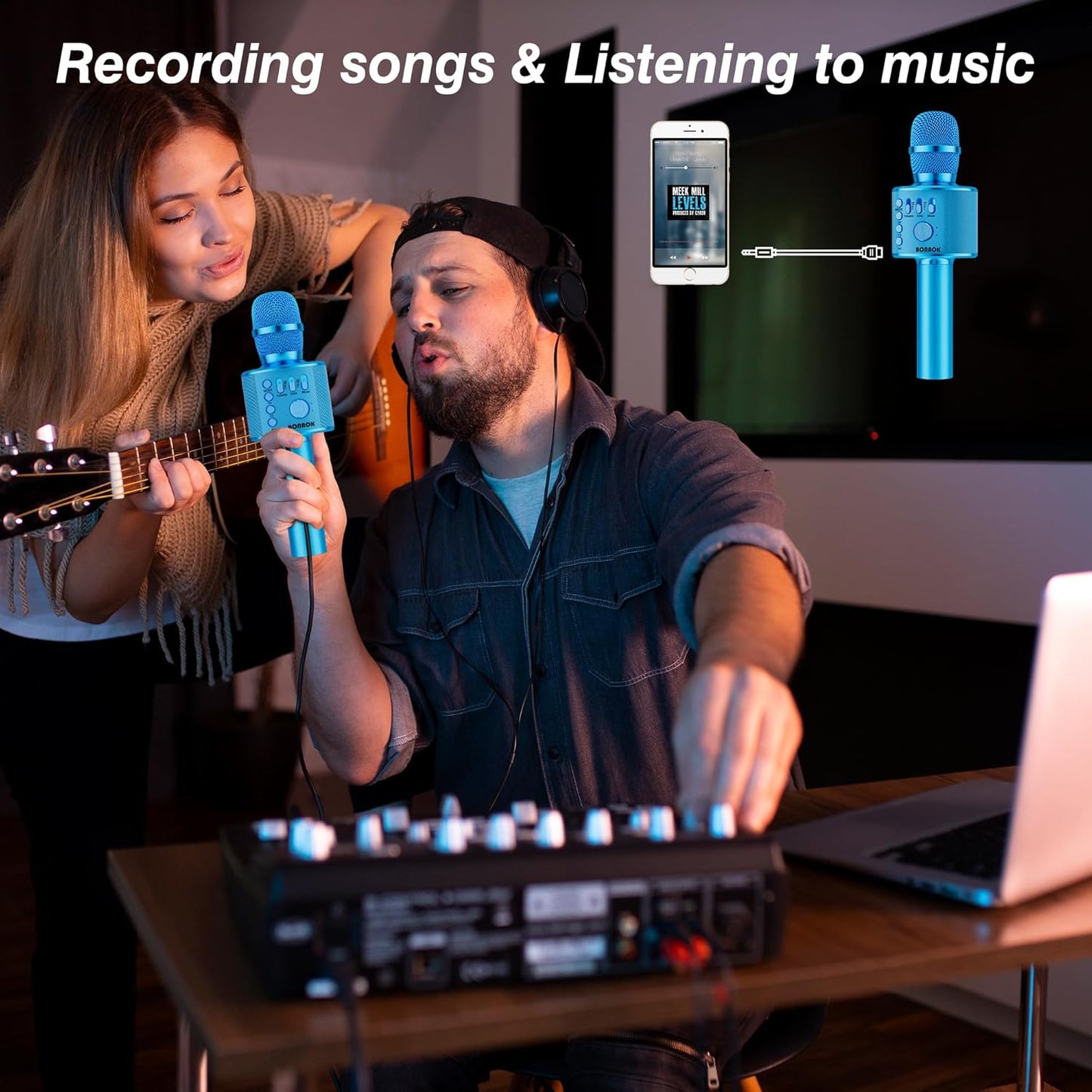 BONAOK Wireless Bluetooth Karaoke Microphone,3-in-1 Portable Handheld Karaoke Mic Speaker Machine Birthday Home Party for PC or All Smartphone (Q37 Blue)