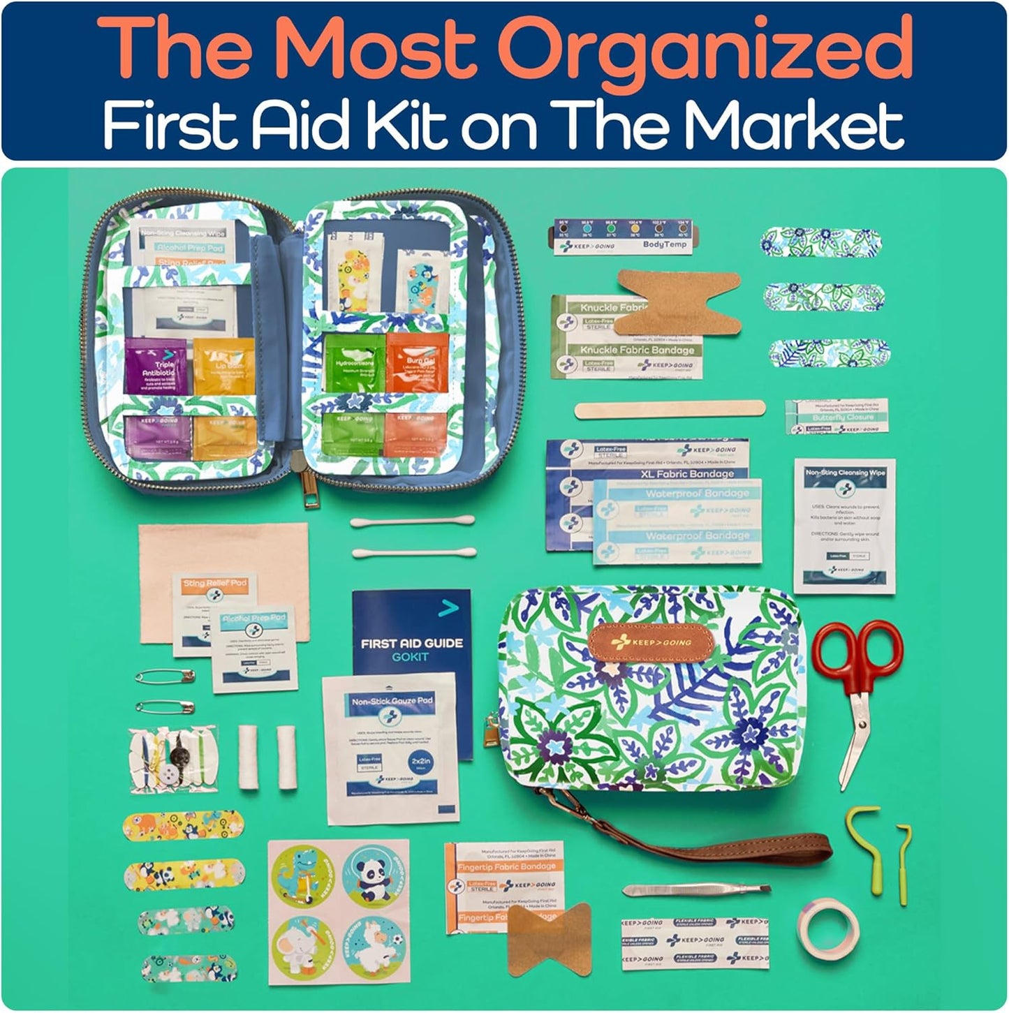 KeepGoing Travel First Aid Kit for Kids – 130 Pc. for Car, Home, Purse, Diaper Bag & Backpack with Latex-Free Bandages - Mini First Aid Kit Travel Size TSA-Approved