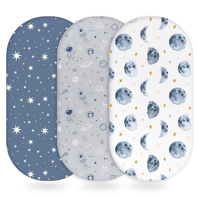 Baby Bassinet Sheets Girl Boy, Fitted Bassinet Sheet Set 3 Pack Bassinet Mattress Sheets Universal Fit for Rectangle, Round, Oval, Hourglass Mattress, Soft Breathable Grey & Blue Moon