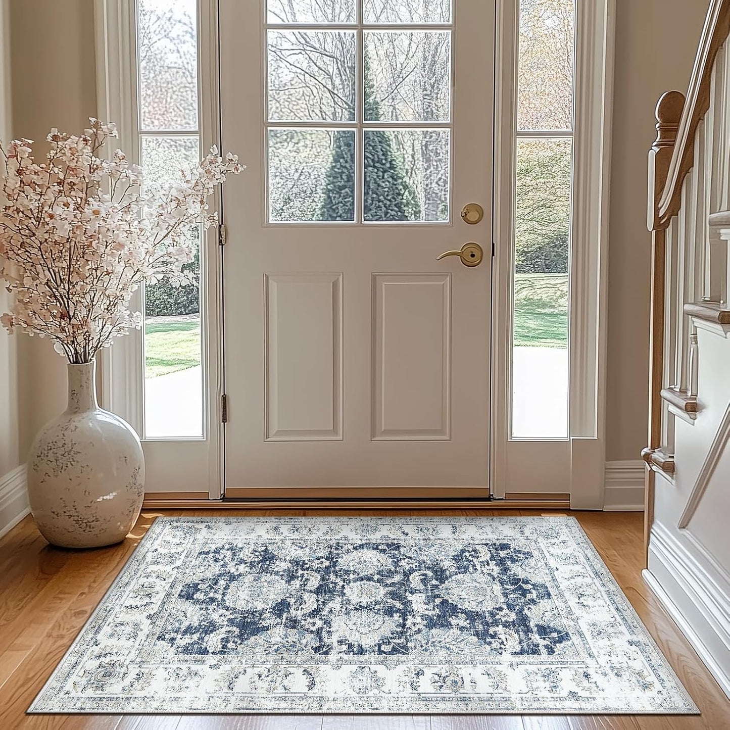 jinchan Floral 3x5 Area Rugs for Entryway - Machine Washable Taupe Vintage Distressed Design Doormat Non-Slip Ultra-Thin Low Pile Boho Rug for Kitchen Living Room Bedroom Farmhouse (3‘x5',Dark Blue)