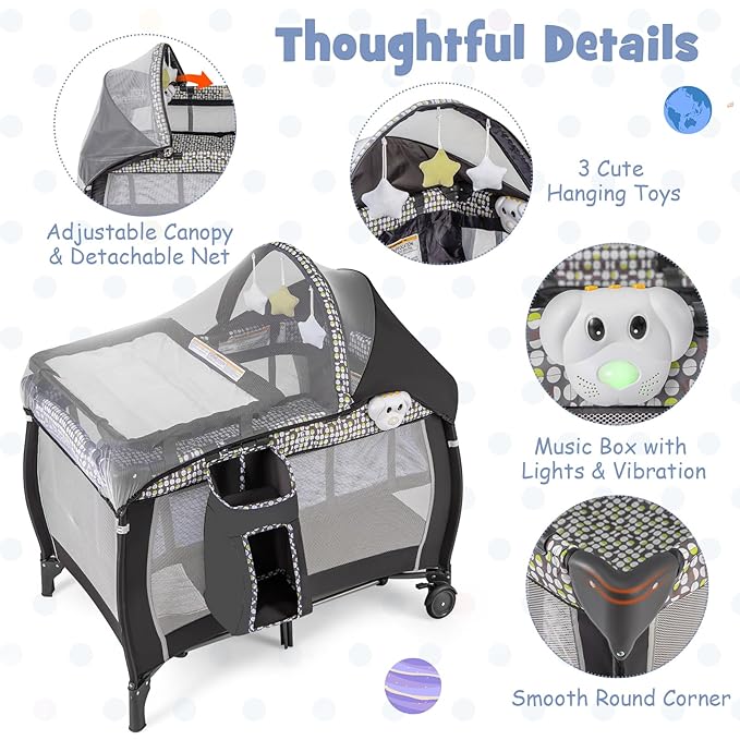HONEY JOY Pack and Play, 4-in-1 Foldable Nursery Center with Full-Size Infant Bassinet & Diaper Changer, Portable Toddler Crib w/Mattress & Net, Music Box, Toys, Baby Playard w/Carry Bag, Gray