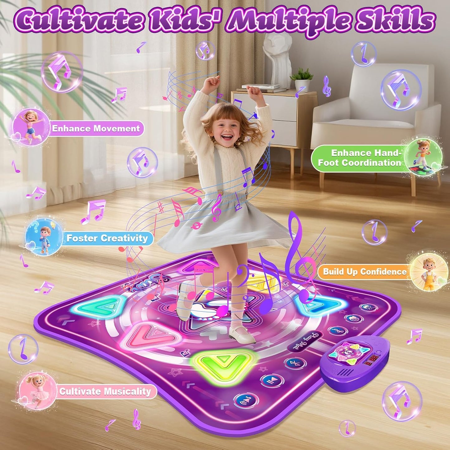 Dance Mat for Girls, Light-up 6-Button Dance Pad with Wireless Bluetooth & 5 Game Modes, Kids Electronic Dance Mats Musical Dancing Toys Christmas Birthday Gifts for Boys Girl Aged 3 4 5 6 7 8 9 10+