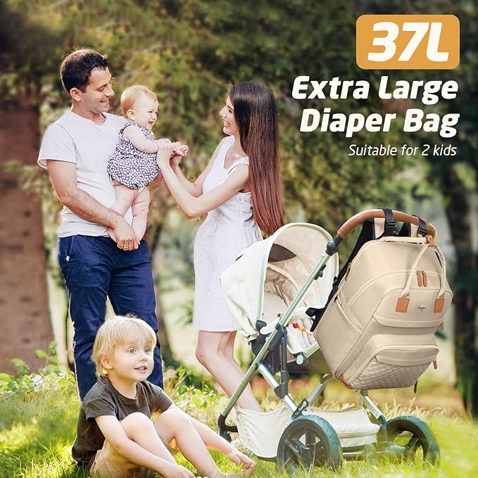 Diaper Bag Backpack - Extra Large Diaper Bag for 2 Kids Twin, Travel Baby Bags for Mom Dad 25-37L Expandable with Changing Pad Earphone Hole, Solid khaki
