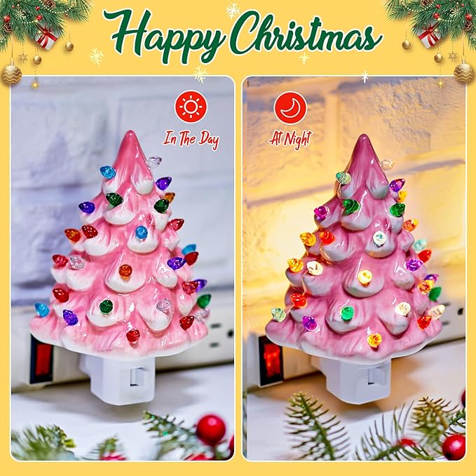 Brightown 2 Pack Ceramic Christmas Tree Night Light, Pink and White