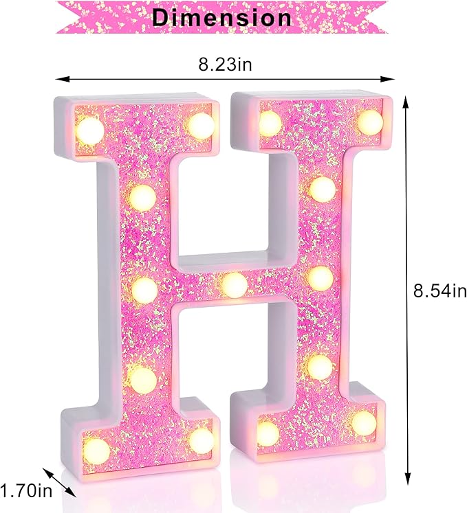 Foaky Pink Light up Letters，Pink Party Decorations,Girls Room Decor,Glitter Light Up Letters,Alphabet Letter Sign for Night Light Birthday Party Girls Gifts, Home Bar Decoration（H）