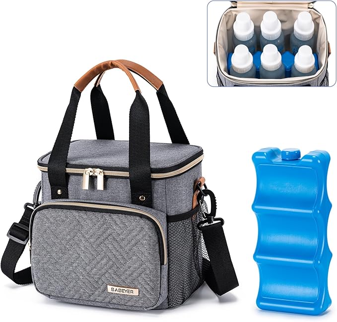 Breastmilk Cooler Bag with Ice Pack Fits 6 Baby Bottles up to 9 Ounce, Breast Milk Pump Cooler Bag for Nursing Mom Daycare, Work, Travel-Grey