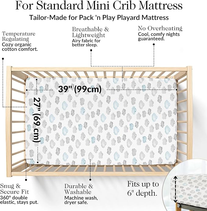 100% Organic Cotton Mini Crib Sheets (3-Pack) - GOTS Certified - Breathable Pack n Play Sheets Fitted - Double-Elastic for Secure Fit, Extra Protection for Your Baby - Gender-Neutral Prints (27"x39")