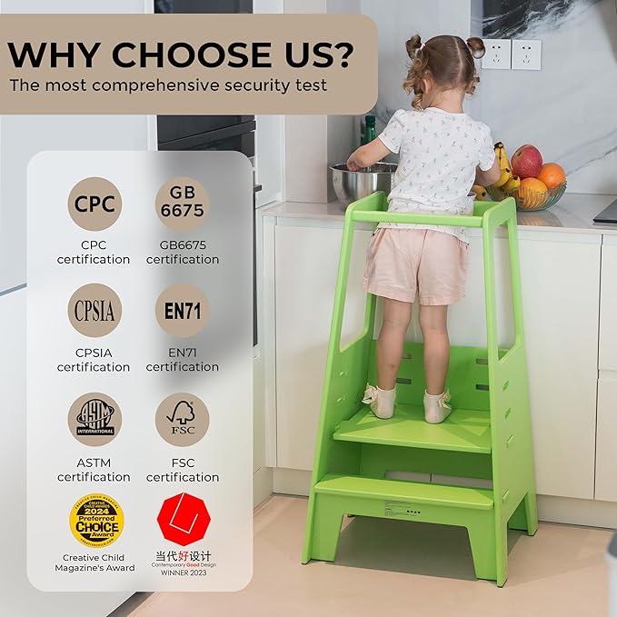 AVDAR Toddler Standing Tower Wooden Toddler Stool for Kitchen Adjustable, Winner 2023 of Contemporary Good Design, Montessori Kitchen Tools