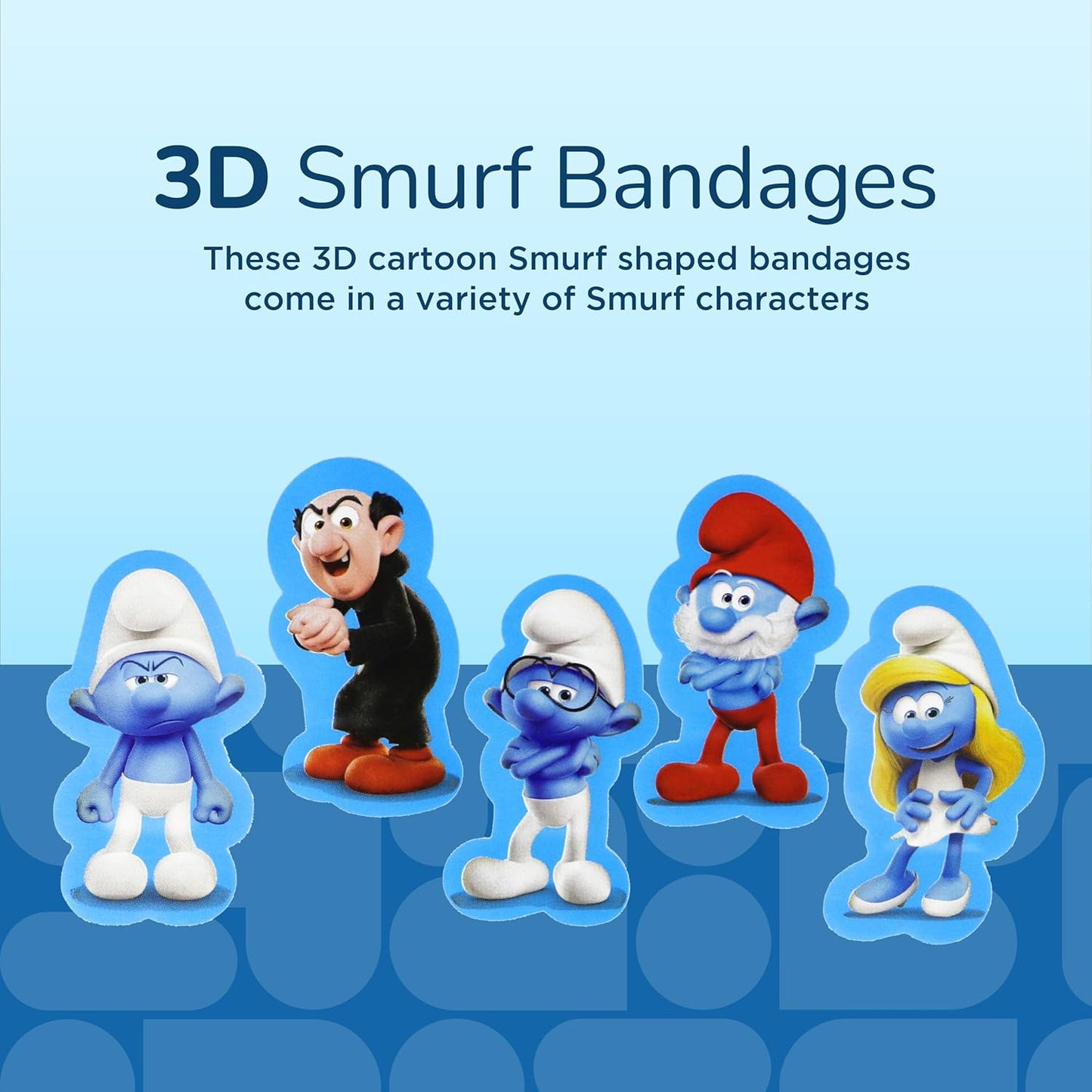 BioSwiss Bandages, The Smurfs in 3D Shaped Self Adhesive Bandage, Latex Free Sterile Wound Care, Fun First Aid Kit Supplies for Kids and Adults, 24 Count Box