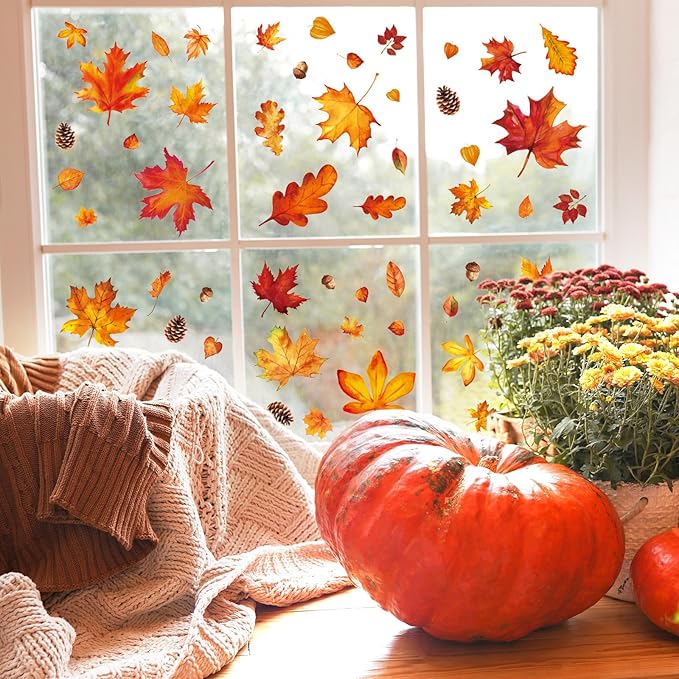 Whaline 9 Sheet Fall Window Clings Watercolor Orange-Brown Maple Leaves Pine Cone Acorn Double-Sided Reusable Windows Decals for Autumn Thanksgiving Halloween Home Windows Glass Holiday Decor