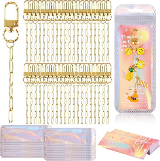 Wurosi 50 Set Paperclip Keychain Making Kit, Bag Charm Kit, 50 Keychain Clips, 50 Extender Chain, 50 Resealable Pouch Bag, 50 Thank You Cards, 5M Hemp Rope, Jewelry Making Kit for DIY Keyrings Charms