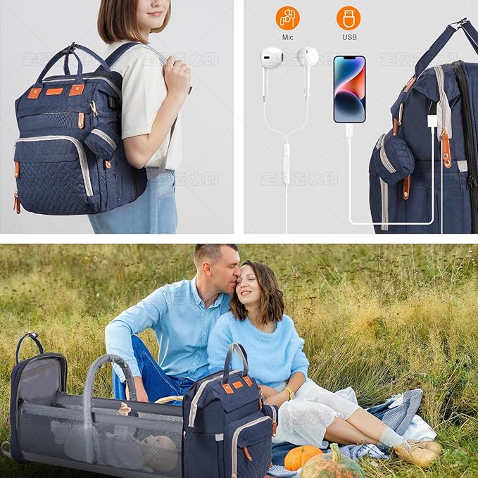 Baby Diaper Bag Backpack, with Diaper Changing Station, Multi-functional Travel Diaper Waterproof Backpack, for Baby Boys and Girls, Folding Portable Nappy Changing Mat and Sun Canopy(Large Blue)