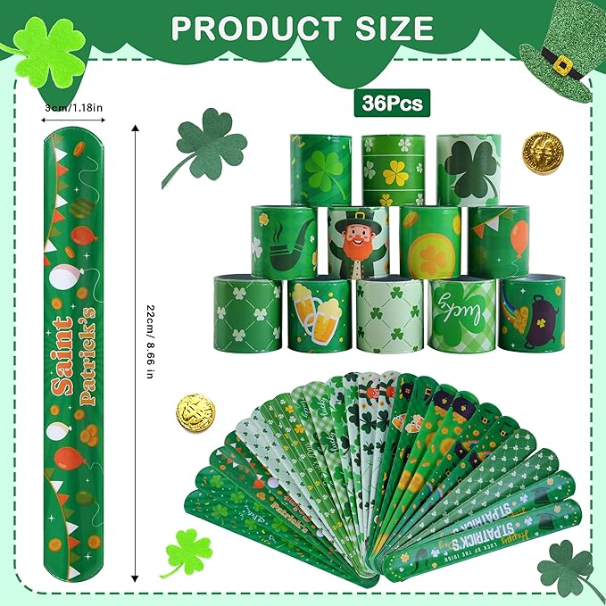 Childom 36 Pcs St. Patrick's Day Slap Bracelet,St Patricks Day Favors,St Patricks Day Decorations Gifts Bracelet Decorations,Bracelets Bulk for Home School Classroom Prizes Anniversary Holiday Outdoor