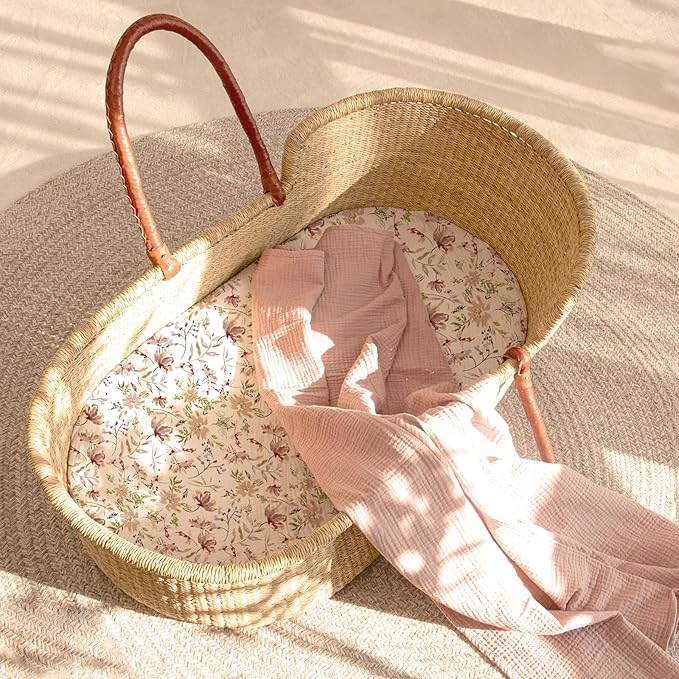 lulumoon Baby Bassinet Sheets Muslin: Soft Fitted Bassinet Sheets Floral for Girls - Fit for Oval Rectangle or Hourglass Mattress