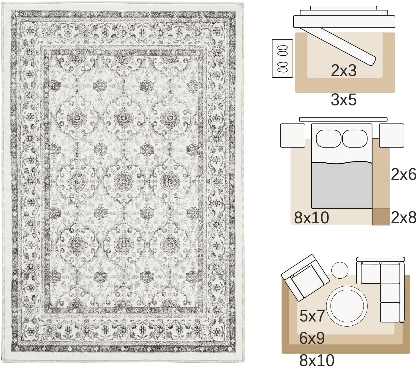 jinchan Floral Area Rugs 4x6 - Machine Washable Vintage Distressed Boho Design Throw Rug Stain Resistant Carpet Low Pile Ultra-Thin Non-Slip for Bedroom Living Room Dining Room Kitchen (4‘x6',Beige)