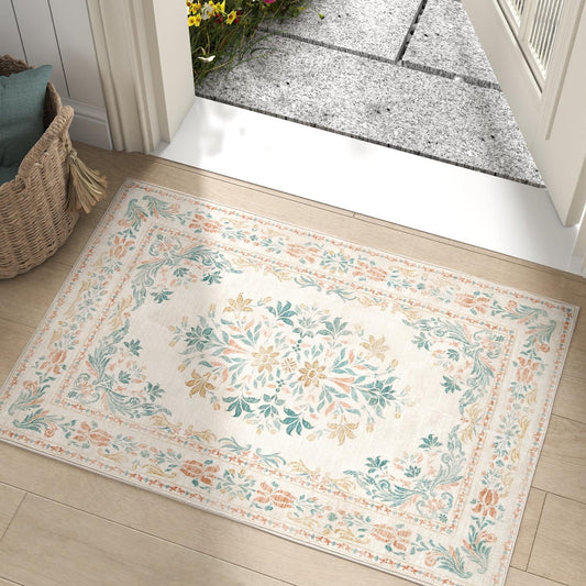 jinchan Spring Floral 2x3 Rugs for Entryway - Vintage Washable Area Rug Ultra-Thin Low Pile Soft Small Non Slip Distressed Indoor Doormat Accent for Entrance Kitchen Bedroom (2x3ft,Apricot Multi)