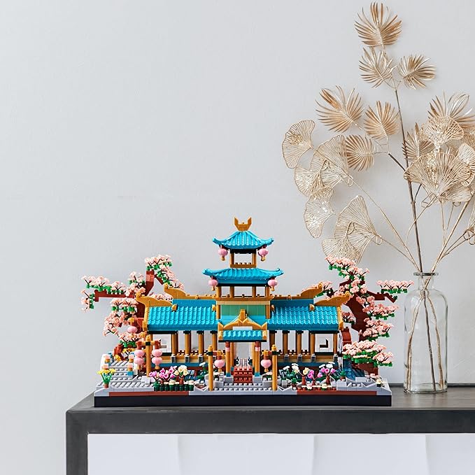 JXRLMB Chinese Classical Suzhou Gardens Micro Building Blocks Sets with Sakura Cherry Tree Challenging Construction Set for Adults, Home and Office Decoration, Gift for Kids Age of 14+ 2350 pcs
