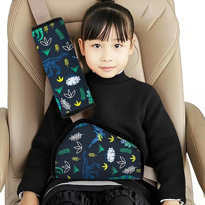Kid'S Seat Belt Cover Pad, Neck & Abdomen Cushion For Child- Soft And Breathable Straps Cover Support For Booster Seat, Strollers, And High Chairs | Hypoallergenic Travel Accessory, Cartoon Dinosaurs