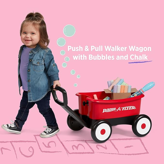 Baby Walker Wagon, Baby Toy Cart, Toddler Toys 1-2, Radio Flyer Summertime Fun My 1st Wagon for Kids, with Bubbles and Chalk, for Ages 1-4 Years, Red