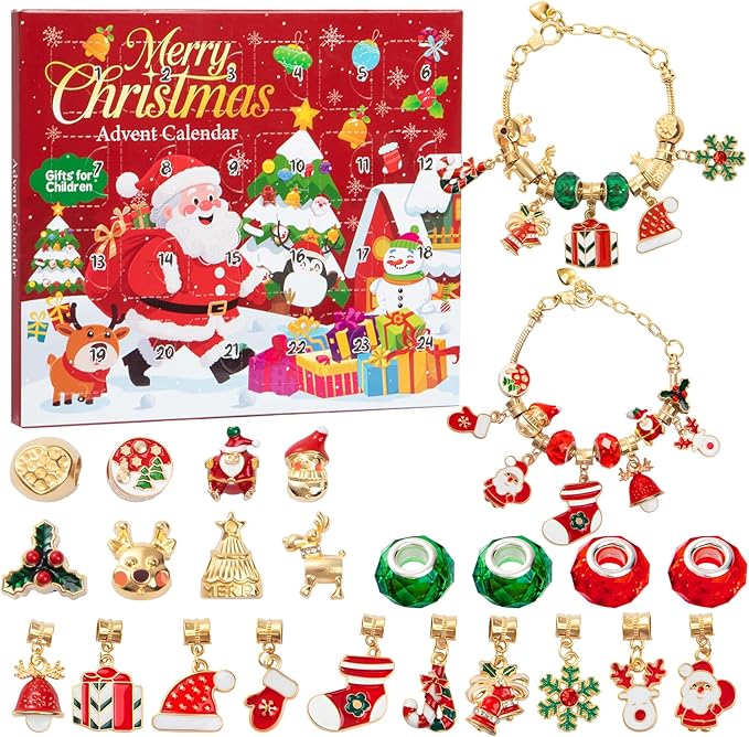 Christmas Advent Calendar Bracelets 2025 for 24 Days Xmas Countdown Calendar DIY Jewelry Making Kit Gift 22 Charm Beads 2 Bracelets for Women