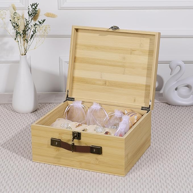 ANMINY Wooden Keepsake Memory Box with Locking Lid Bamboo Wood Storage Box with Hinged Lid & PU Leather Handles Large Decorative Wooden Chest Box for Crafts Stash Gifts - Natural, 12"L x 10"W x 6"H