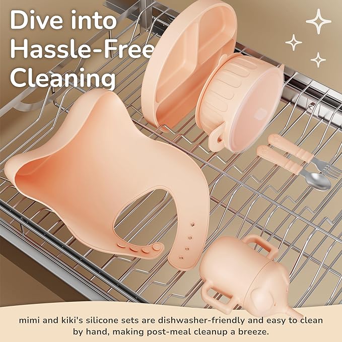 mimi & kiki BPA-Free Silicone Baby Feeding Set, Baby Plates and Bowls Set, Baby Led Weaning Supplies, Silicone Suction Plate, Baby Utensils, Bib and Cup, Self Feeding, Dishwasher Safe (Light Pink)